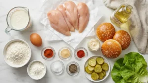 Overhead view of all ingredients for a homemade crispy chicken sandwich recipe, including chicken breasts, brioche buns, flour, cornstarch, eggs, buttermilk, spices, lettuce, pickles, and mayo on a kitchen counter.