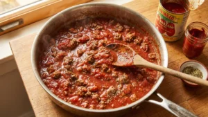 Rich homemade lasagna meat sauce simmering with crushed tomatoes, ground beef, and Italian seasonings