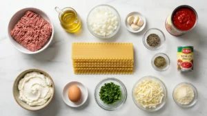 Top view of fresh lasagna ingredients neatly arranged in individual bowls on white marble counter including ground beef, ricotta cheese, mozzarella, parmesan, tomato sauce cans, olive oil, garlic, onions, egg, parsley, Italian seasoning, and lasagna noodles for homemade Italian recipe preparation.
