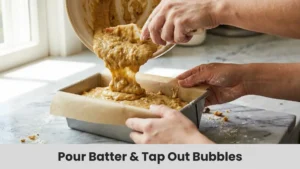 Banana bread batter poured into greased loaf pan ready for baking.