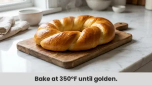 A golden brown baked King Cake recipe fresh from the oven.