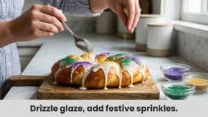 Adding purple, green, and gold sugar to the King Cake recipe.