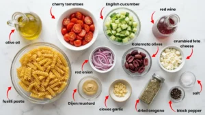 All ingredients for easy pasta salad laid out on a marble counter including gluten-free pasta, cherry tomatoes, cucumber, red onion, olives, feta cheese, olive oil, and red wine vinegar