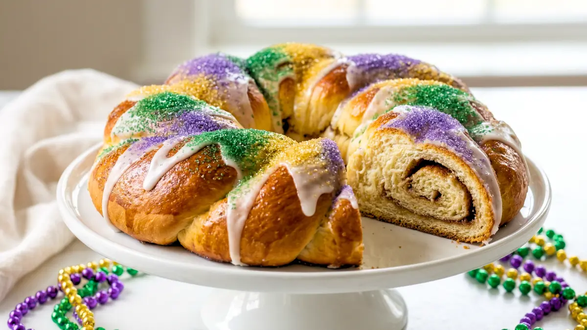 A full traditional New Orleans King Cake decorated with purple, green, and gold sugar sprinkles and white icing on a festive platter.