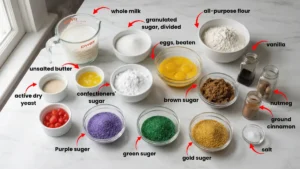 Flat lay photo of ingredients for a traditional King Cake recipe, including flour, yeast, milk, eggs, cinnamon, and colored sanding sugars.