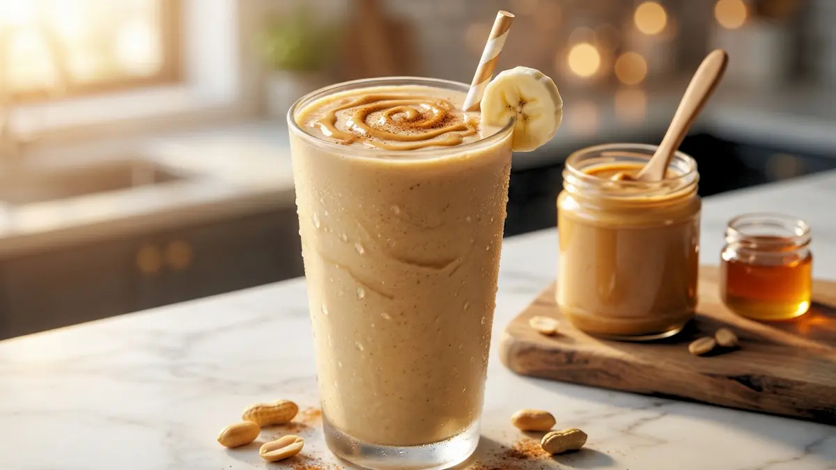 Peanut Butter Banana Smoothie Recipe served in a tall frosted glass with a creamy peanut butter drizzle on top and a paper straw, photographed from a 45-degree angle on a marble countertop.