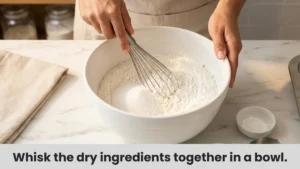 Whisking flour, sugar, baking powder, and salt in a large white bowl to make easy strawberry muffin dry mixture.