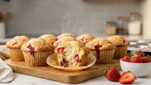 Easy strawberry muffins with golden tops and fresh berry pieces on a wooden board, one split open showing fluffy interior. easy sweet dessert recipe