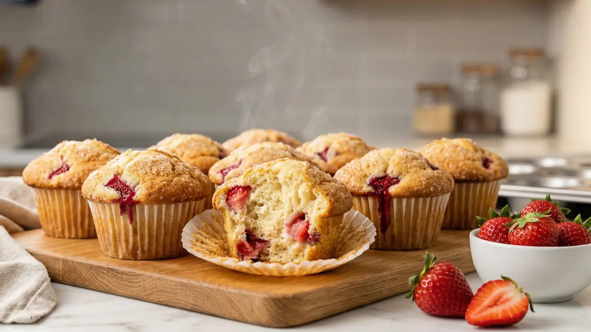 Easy strawberry muffins with golden tops and fresh berry pieces on a wooden board, one split open showing fluffy interior