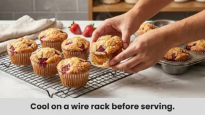 Golden freshly baked easy strawberry muffins with sparkling sugar crust cooling on a wire rack with gentle steam rising.