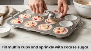 Scooping strawberry muffin batter into lined cups with an ice cream scoop and sprinkling coarse sugar for easy strawberry muffins.