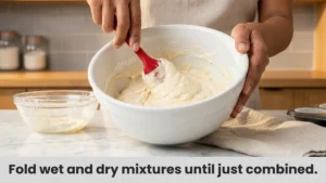 Gently folding wet and dry ingredients with a silicone spatula to create thick lumpy easy strawberry muffin batter.