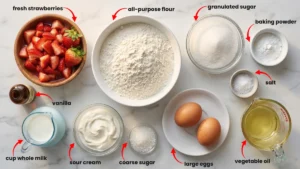 All ingredients for easy strawberry muffins laid out: flour, sugar, eggs, milk, oil, vanilla, fresh strawberries, and baking powder