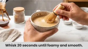 Whisking easy mushroom coffee until frothy and smooth with no lumps