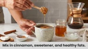 Adding honey and cinnamon to easy mushroom coffee for sweetness and flavor