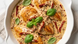 Marry me chicken recipe with creamy sun-dried tomato sauce and fresh basil in white serving dish.