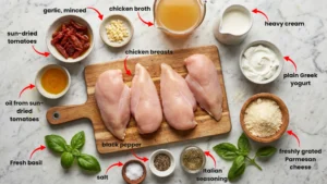 Ingredients for marry me chicken recipe including chicken breasts, cream, sun-dried tomatoes, and basil.