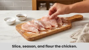 Sliced chicken breast seasoned with salt and pepper and coated with flour for marry me chicken recipe.