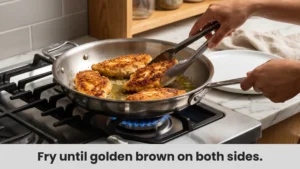 Golden brown chicken breasts frying in stainless steel skillet for the Marry Me Chicken recipe.