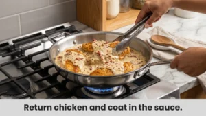 Marry me chicken coating in creamy sauce in the skillet during final cooking step.