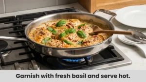 Marry me chicken recipe finished with fresh basil leaves ready to serve from skillet