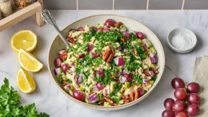 Fresh summer chicken salad with grapes, pecans, and herbs in a white bowl on marble countertop.