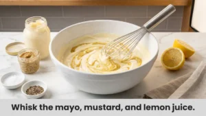Whisking creamy mayonnaise dressing with Dijon mustard and lemon juice in white bowl for chicken salad.