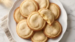 A pile of soft chewy easy sugar cookies with golden edges and powdery sugar dusted tops on a marble countertop. easy sweet dessert recipe