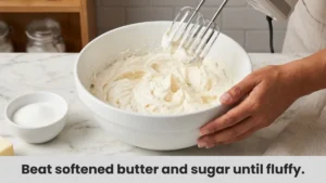 Step 1 of easy sugar cookie recipe: creaming pale fluffy butter and sugar in a stainless steel bowl with a hand mixer.