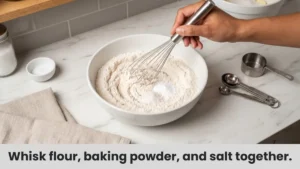 Step 3 of easy sugar cookie recipe: whisking flour, baking powder, and salt in a stainless steel bowl on marble.