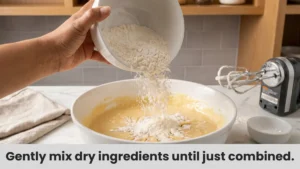 Step 4 of easy sugar cookie recipe: pouring flour mixture into butter batter in a large stainless bowl on marble.