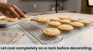 Step 9 of easy sugar cookie recipe: transferring soft golden sugar cookies to a wire cooling rack on marble.