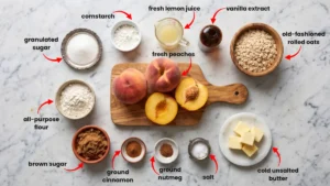 Fresh peaches, flour, brown sugar, butter and cinnamon for homemade peach crisp recipe