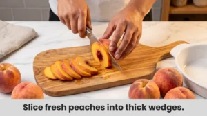 Fresh peach slices with skin on arranged in white baking dish for peach crisp recipe preparation