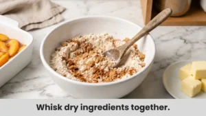 Flour, brown sugar, and cinnamon mixed in white bowl for crunchy peach crisp topping