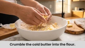 Hands rubbing cold butter into flour mixture to create crumbly peach crisp topping