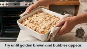 Unbaked peach crisp with crumbly topping ready to go into 375°F oven