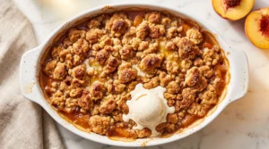 Golden brown peach crisp with crispy topping and bubbling peach filling served with vanilla ice cream in white baking dish.
easy sweet dessert recipe