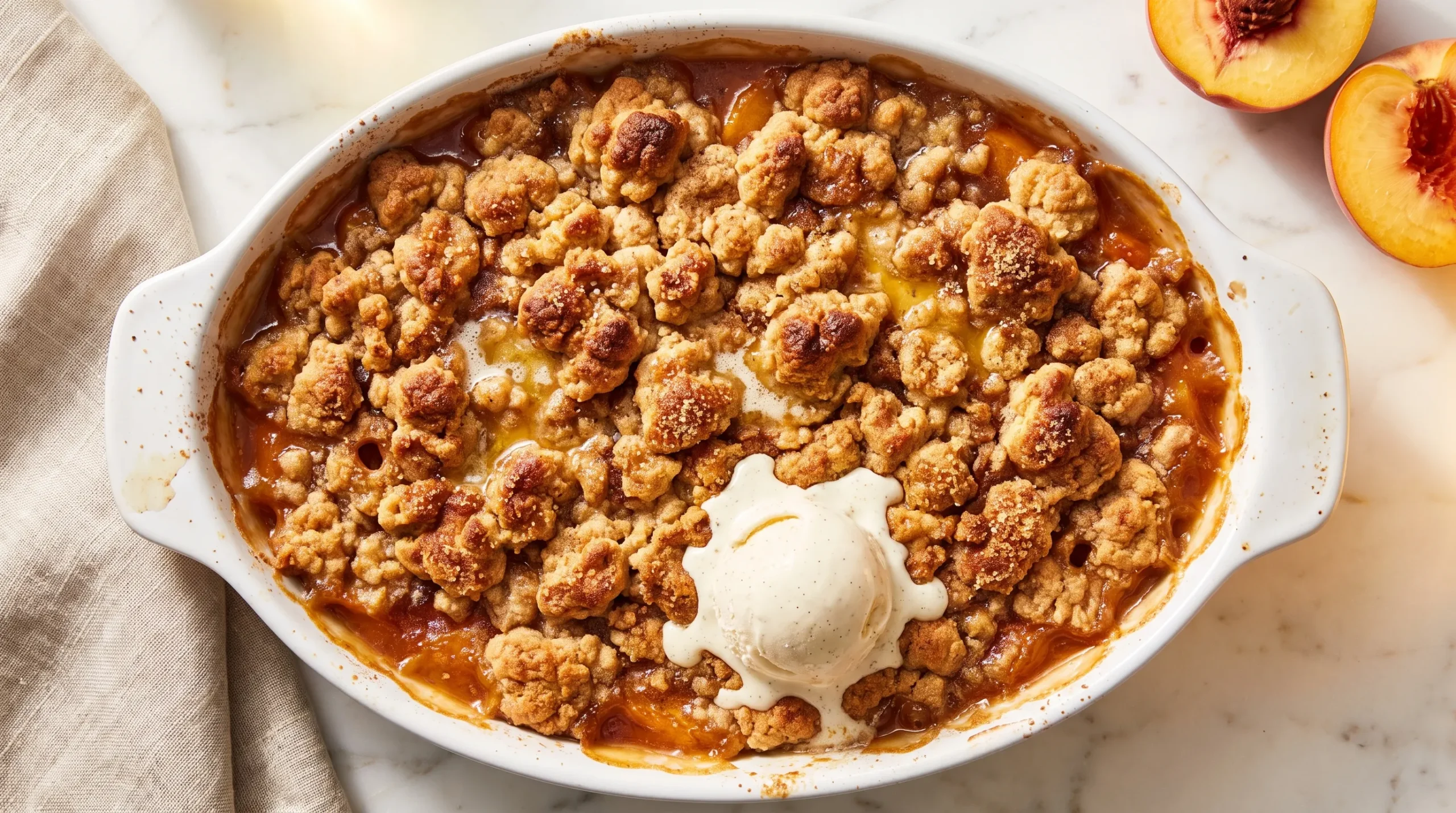 Golden brown peach crisp with crispy topping and bubbling peach filling served with vanilla ice cream in white baking dish