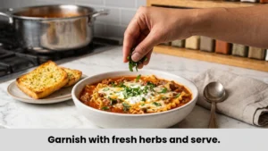 Finished lasagna soup with cottage cheese garnished with fresh herbs and served with garlic bread