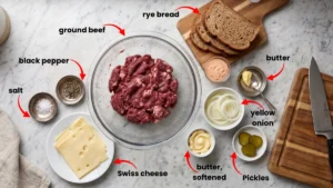 smash burger patty melt recipe ingredients: beef, bread, butter, cheese.