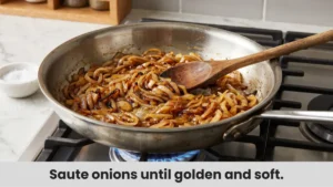 Caramelizing sliced onions in stainless steel skillet for smash burger patty melt recipe