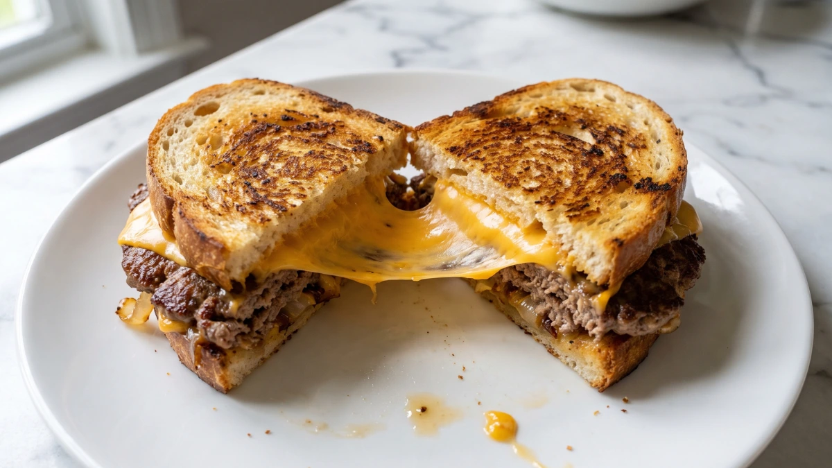 Ultimate smash burger patty melt recipe cut in half showing melted cheese, caramelized onions, and crispy beef patties