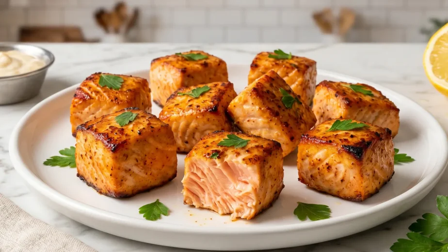 Air fryer salmon bites with golden-brown crispy edges served on white plate with fresh parsley and lemon.