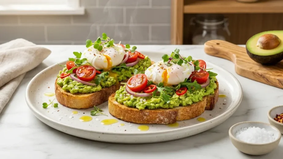 Using a spoon to spread a thick layer of chunky, seasoned avocado mash onto a warm, toasted slice of bread.