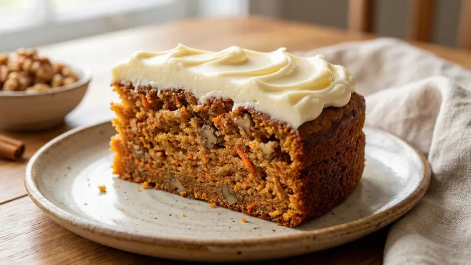 Carrot cake with thick cream cheese frosting and chopped walnuts, with a slice cut to show the moist spiced crumb on a marble surface.
