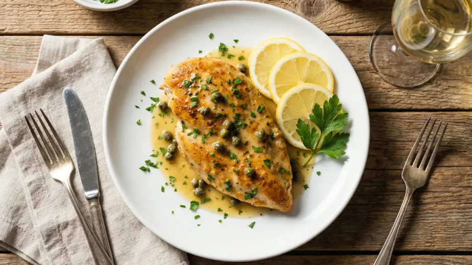 AI-generated illustration of golden brown chicken piccata served with fresh lemon slices and parsley.
