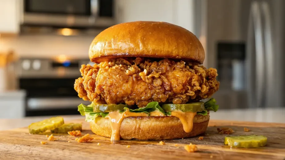 Crispy fried chicken sandwich with golden crunchy breading, fresh lettuce, pickles, and spicy mayo on a toasted brioche bun.