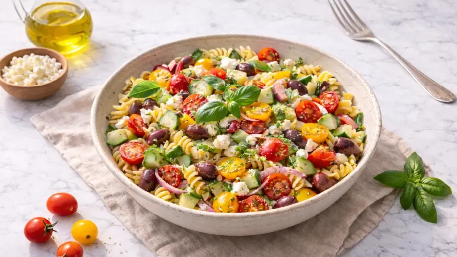 Easy Gluten-Free Pasta Salad in a rustic bowl with feta, olives, tomatoes, and fresh basil.
