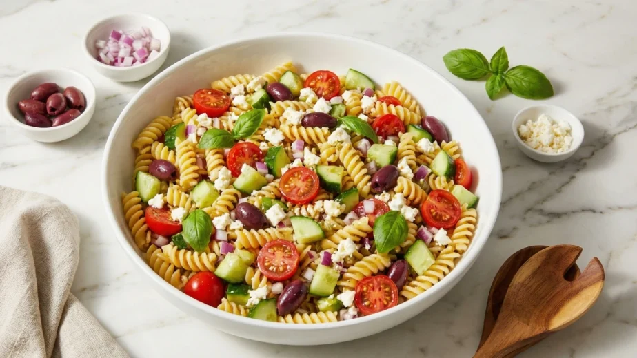 Easy Gluten-Free Pasta Salad in a rustic bowl with feta, olives, tomatoes, and fresh basil.